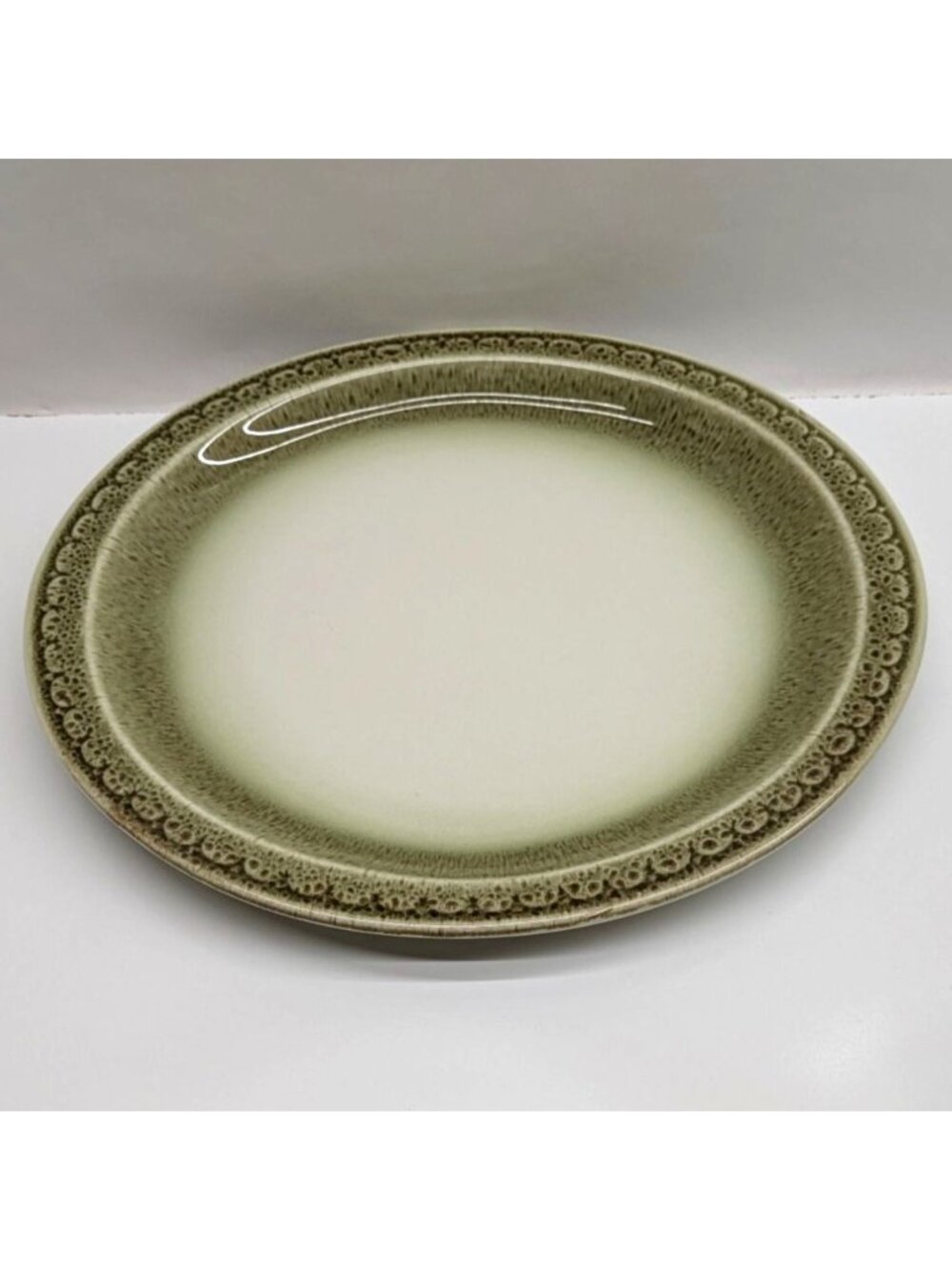 Syracuse China 12" Oval Dinner Plate Green Beige Vintage Border Design USA Cinna
